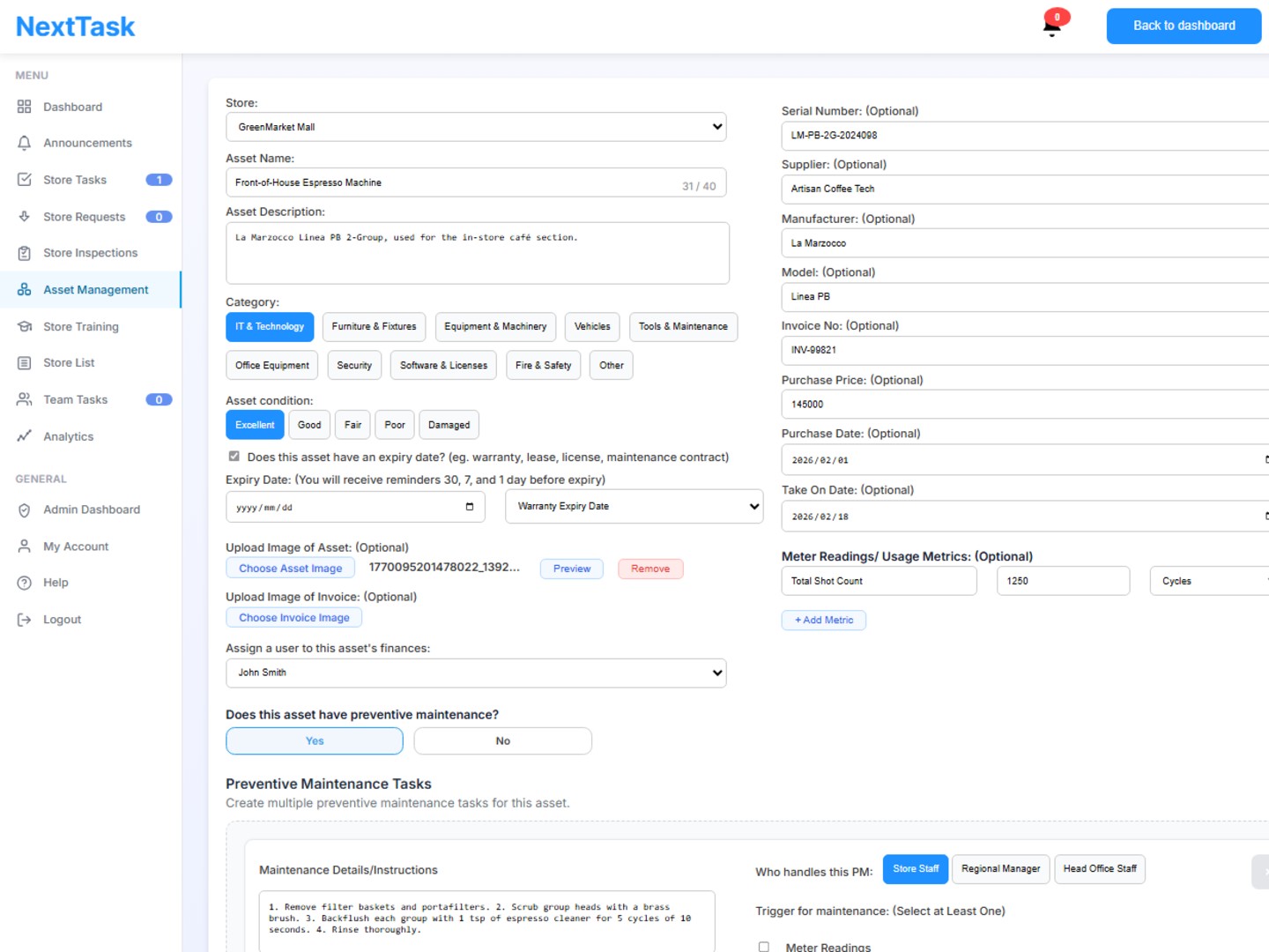 Asset Create Dashboard